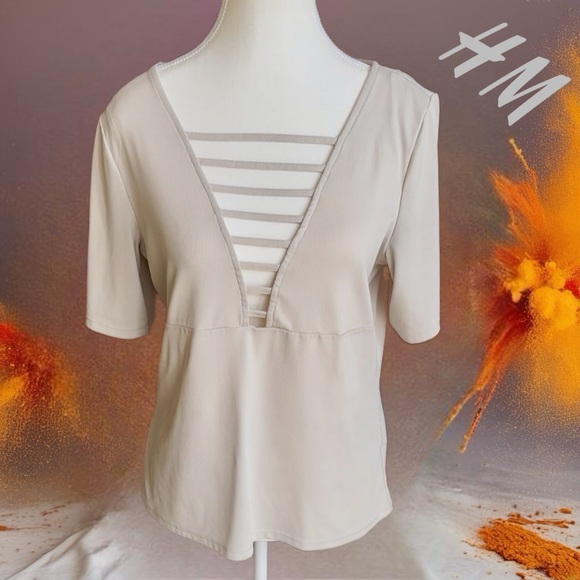 H&M Cream Blouse with Striped V-Neck - Picture 1 of 10